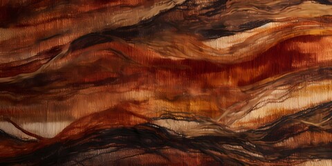 Layers of burnt orange and sumptuous chestnut intertwine, evoking the captivating allure of molten copper and molasses hues melding together in a vivid, abstract tapestry.