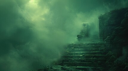 Wall Mural - a set of stairs in the middle of a foggy area with stairs leading up to the top of them.