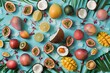 Delight in the vibrancy of juicy tropical fruits like coconut, passion fruit, and mango meticulously arranged in a knolling flatlay photo, boasting bright pastel colors for a refreshing visual feast