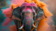 Sacred animal elephant with Holi as symbol of Holi holiday in India. Selective focus. Copy space