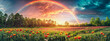 © bluebeat76 - Panoramic view of a vibrant rainbow arching over a colorful field of flowers during a picturesque sunset
