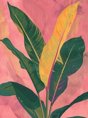 Wall Mural - A realistic painting of a green plant with pink flowers, set against a solid pink background.