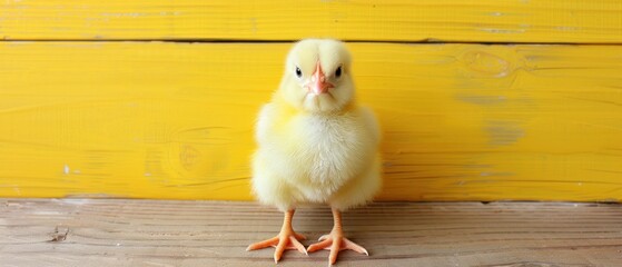 a close up of a small chicken on a wooden floor with a yellow wall in the background and a wooden floor in the foreground.