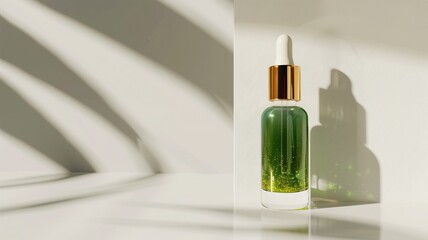 A skincare serum bottle with gold details, highlighted by soft shadows on a neutral background