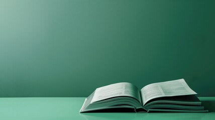 An open book resting on a green surface, casting a soft shadow