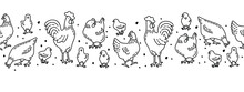Black White Seamless Border With Outline Of Chickens.Horizontal Banner With Hens,chicks And Roosters.Farm Animal Pattern With Birds Decorated With Lines And Dots.Vector Print On Fabric And Paper.