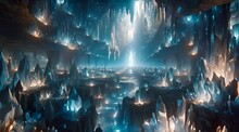 Mystical Crystal Cave With Luminous Formations And Ethereal Blue Light