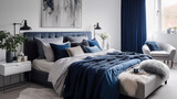 Fototapeta  - Jasna przytulna sypialnia w stylu glamour - dekoracje na ścianie. Granatowe i białe kolory wnętrza. Render 3d. Wizualizacja