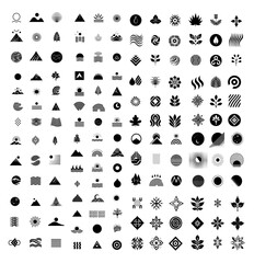 Poster - Logos in black, large vector set. Minimalistic abstract icons of the sun, mountains, air, water, plants, geometric simple shapes, stylized buds, for design and illustrations, isolated on white backgro