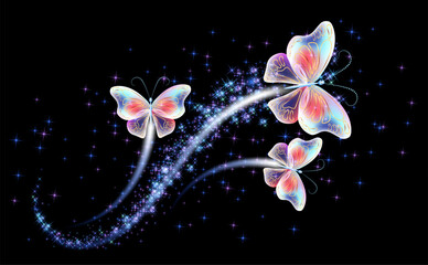 Wall Mural - Magic butterflies with fantasy sparkle and blazing trail and glowing stars on night background