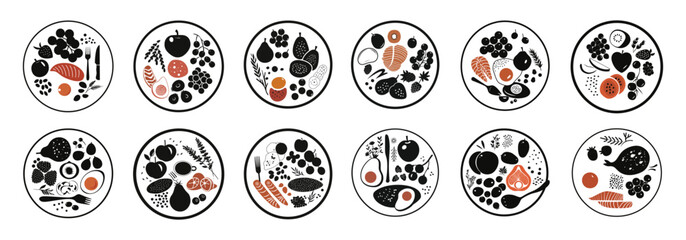 Poster - plates with food, minimalist concepts of different dishes, vector set. restaurant lunches and dinner