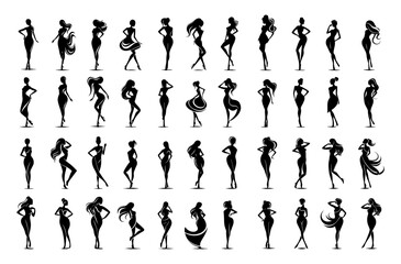 Poster - Silhouettes of womens figures, large set, black color, minimalist style. Women naked and in dress, beautiful plastic bodies, vector abstract iconic graphics isolated on white background