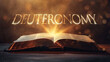 Book of Deuteronomy. Open bible revealing the name of the book of the bible in a epic cinematic presentation. Ideal for slideshows, bible study, banners, landing pages, religious cults and more