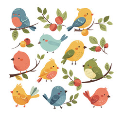 Sticker - Snow finches in doodle style, cartoon set. Birds from different colors with elements of tree branches of leaves and fruits in minimalist design. Splendid vector illustration isolated on a white backgr