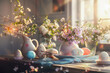  Beautiful table setting with spring flowers for Easter celebration. ai generated