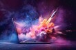 Laptop with a rocket launching from the screen, explosion of colors