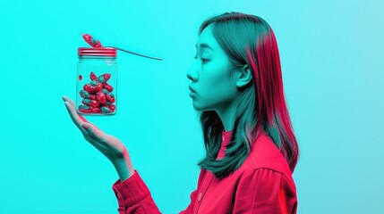 Sticker - a woman holding a jar filled with red candies with a toothpick sticking out of the top of it.