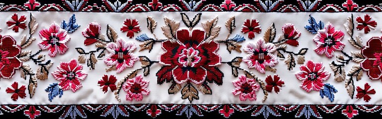 Poster - Ukrainian folk embroidery. Traditional folk ornament with red flowers