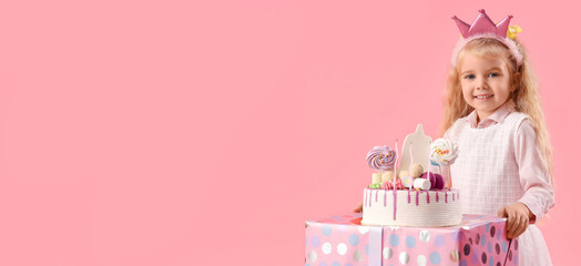 Wall Mural - Cute little girl in crown with Birthday cake on pink background