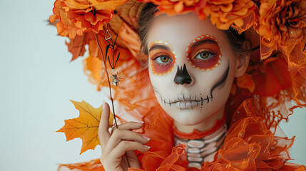 Halloween concept, Closeup portrait creative halloween makeup skull style painted with orange black paints on beautiful model woman face. 