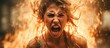 A young woman is seen screaming in front of a blazing fire, her expression displaying intense anger and emotion. The flames of the fire illuminate her features as she lets out a gut-wrenching cry.