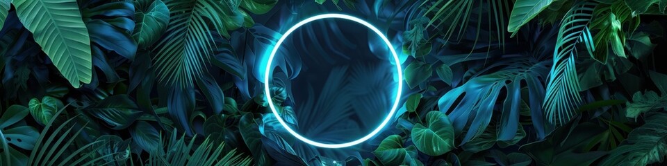 blue neon light ring among dark green tropical foliage at night, graphic layer template for product or text