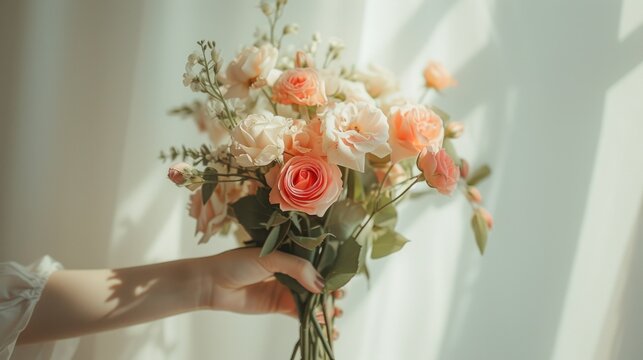 a close up of a person holding a bouquet of flowers in front of a window with a curtain in the background.