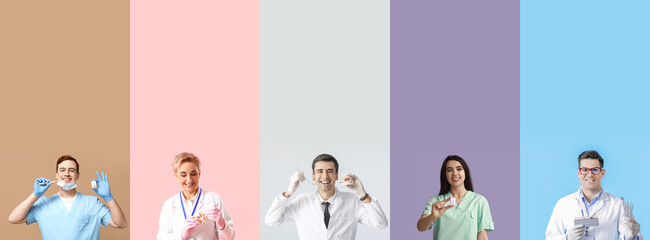 Sticker - Collage of dentists on color background