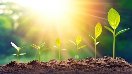 Poster - a group of plants sprouting out of the ground with the sun shining through the trees in the background.