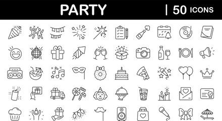 Party set of web icons in line style. Celebration icons for web and mobile app. Celebrate, anniversary, dancing, music, congrats, celebration, karaoke, Dj. Vector illustration