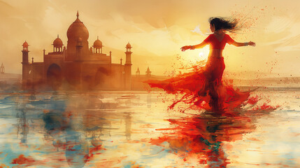 Wall Mural - Watercolour illustration of national Indian flavor with dancing Indian girl on colourful city background. Selective focus. Copy space. Indian culture concept. 