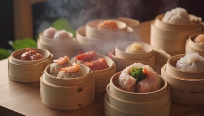 Bamboo steamers showcase a vibrant array of dim sum varieties