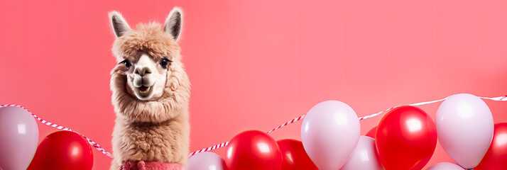 cute llama with balloons. romantic alpaca. happy birthday card or birthday banner.