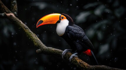 Poster - a toucan sitting on a tree branch in the rain with it's bright orange and black beak.