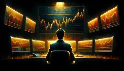 
The image depicts a person viewed from behind, facing an array of brightly lit stock market charts on multiple monitors in a dark room, painted in an impressionistic style.

