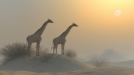 Poster - a couple of giraffe standing on top of a dry grass covered field in front of a setting sun.