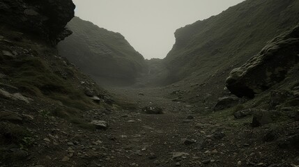 Sticker - a dirt path in the middle of a mountain with rocks and grass on both sides of the path and a foggy sky in the background.