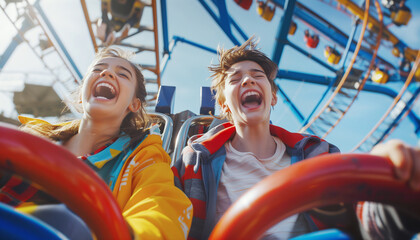portraits of two teenagers couple in love or brother and sister emotional screaming and laughing mom