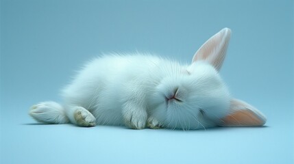 Poster - a white bunny rabbit laying on its side with its head on a piece of carrot in front of a blue background.