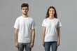 Minimalist mockup with male and female models wearing plain white T-shirts on a plain background, providing a blank canvas for your design projects