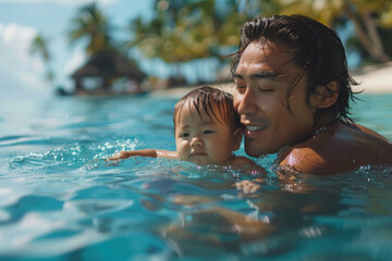 Wall Mural - Asian father holds a child in his arms while swim in tropical sea with palm trees