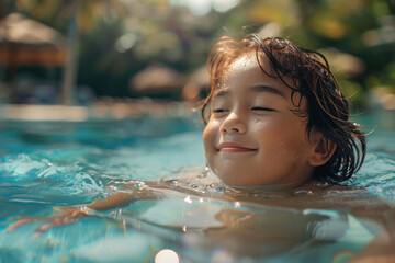 Wall Mural - Asian child boy swim on tropical sea against the background of palm trees.