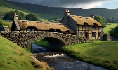 Wall Mural - An old house on a green lawn by the river.