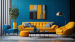 A modern living room featuring bold color blocking of bright blue and yellow