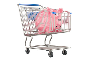 Poster - Saving money when shopping, concept. Shopping cart with piggy bank. 3D rendering isolated on transparent background