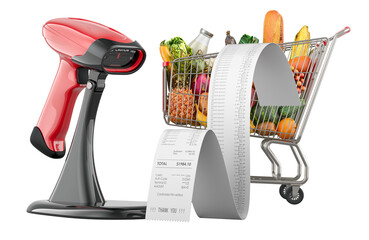 Poster - Shopping cart full of products with printed receipt and bar code reader. 3D rendering isolated on transparent background