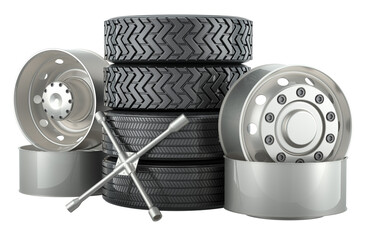 Poster - Truck service, concept. Wheels for truck or bus with universal lug wrench. 3D rendering isolated on transparent background