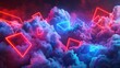 In a 3D render, a collection of geometric shapes emits a neon glow against a backdrop of dramatic clouds, isolated on a black background