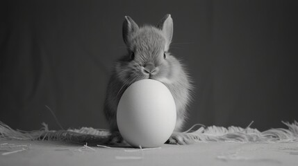 Wall Mural - a black and white photo of a bunny with an egg in it's mouth in front of a gray background.