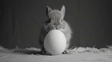 Poster - a black and white photo of a bunny with an egg in it's mouth in front of a gray background.